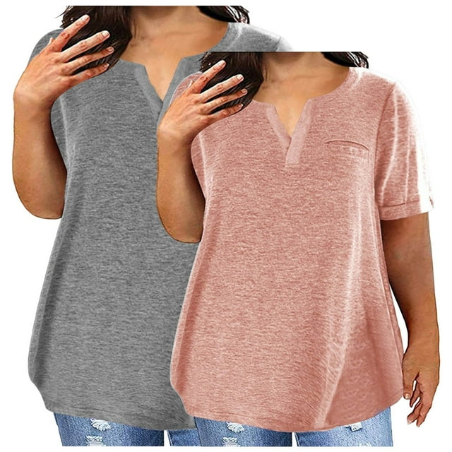 Soki 2PC Women's Plus Size Short Sleeve Tee V-neck Solid Color Oversized T-shirt Tops for Summer L-5XL