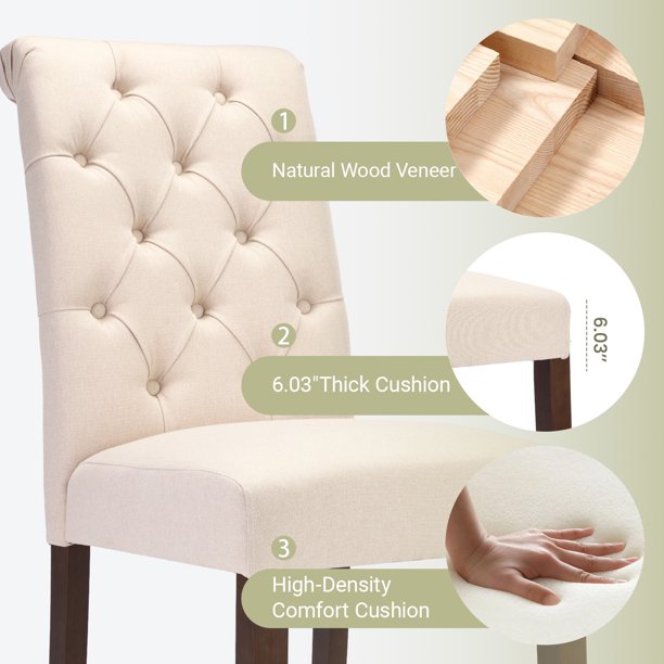 Lot De 2 Chaises De Salle à Manger - Tissu En Lin - Avec Dossier De Chaise Decore De Clous En Cuivre Pieds En Nois Massif Creme Lot De 2 Chaises De Salle à Manger - Tissu En Lin - Avec Dossier De Chaise Decore De Clous En Cuivre Pieds En Nois Massif Creme