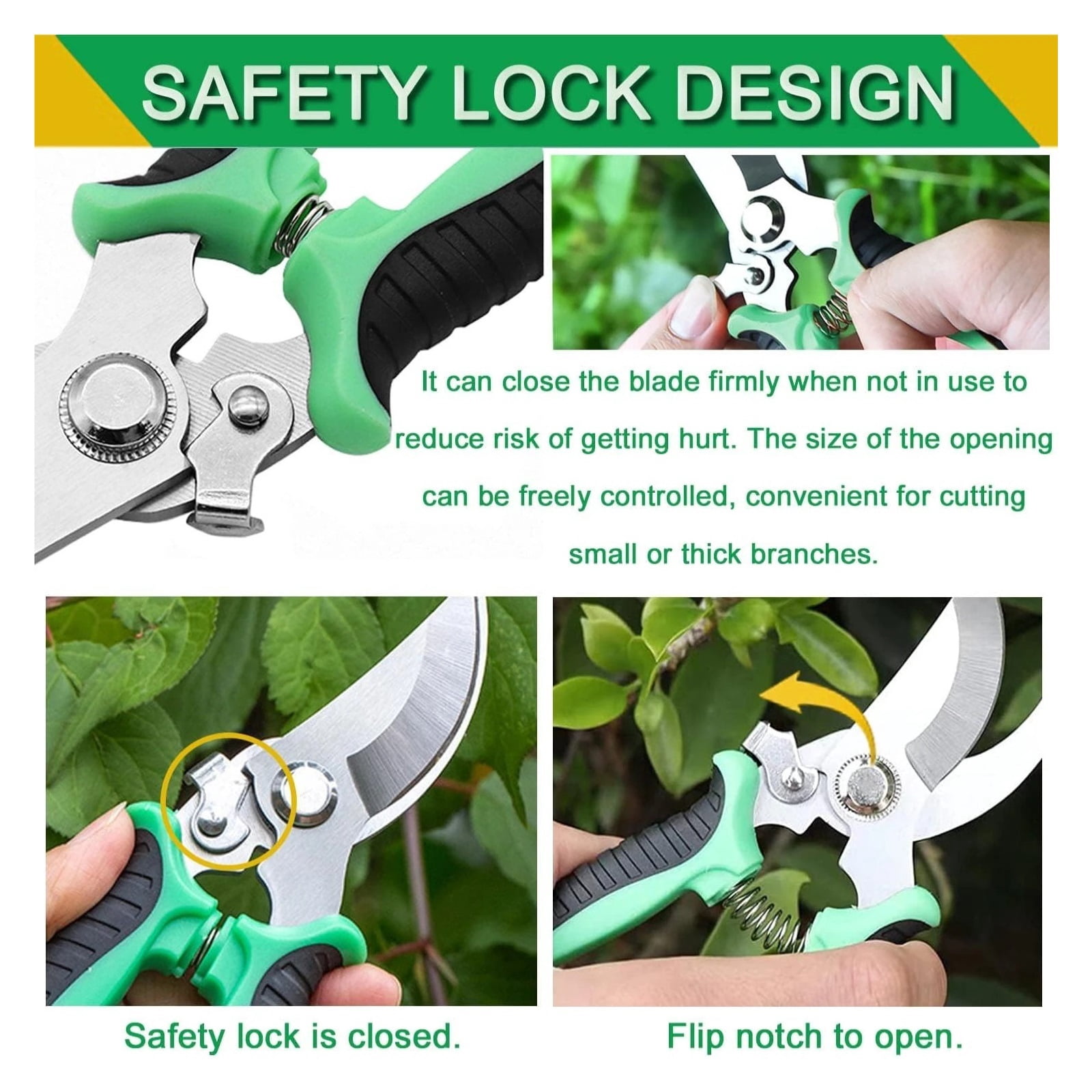 Pruning Shears - Garden Clippers Pruner, 7.5 Inch Stainless Steel Handheld Branch Gardening Scissors Snips Tool with Safety Lock