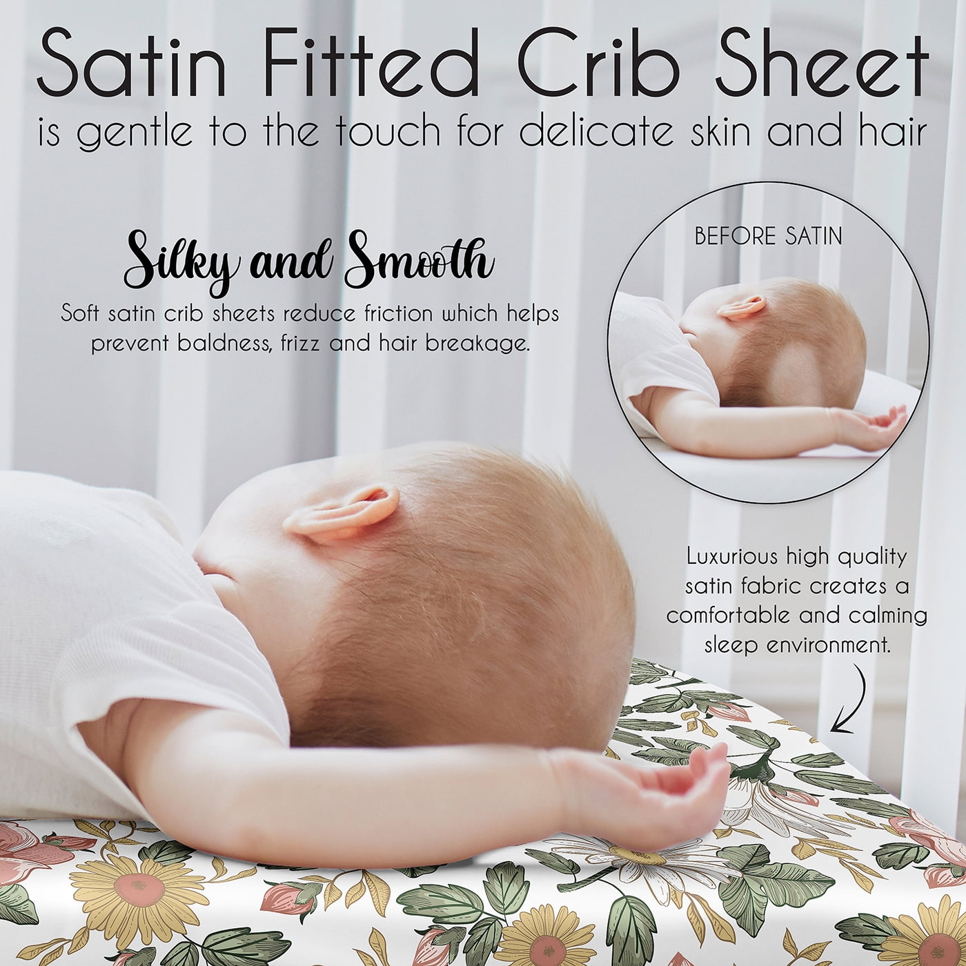 Sweet Jojo Designs Vintage Floral Blush Pink Yellow Sage Green White Satin Fitted Crib Sheet