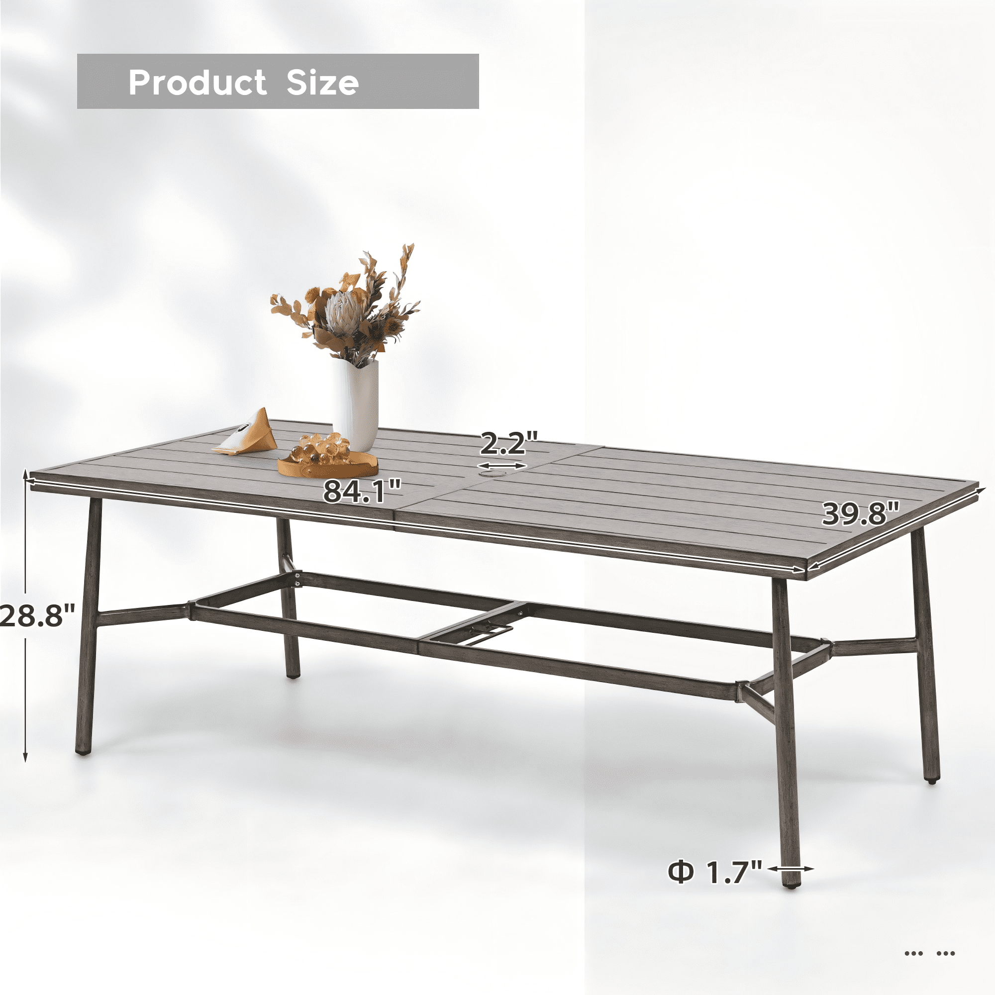 Patio Dining Table for 8, 84 Inch Outdoor Aluminum Table with Umbrella Hole, All Weather Rectangle Patio Table for Backyard Garden Poolside Deck, Dark Gray