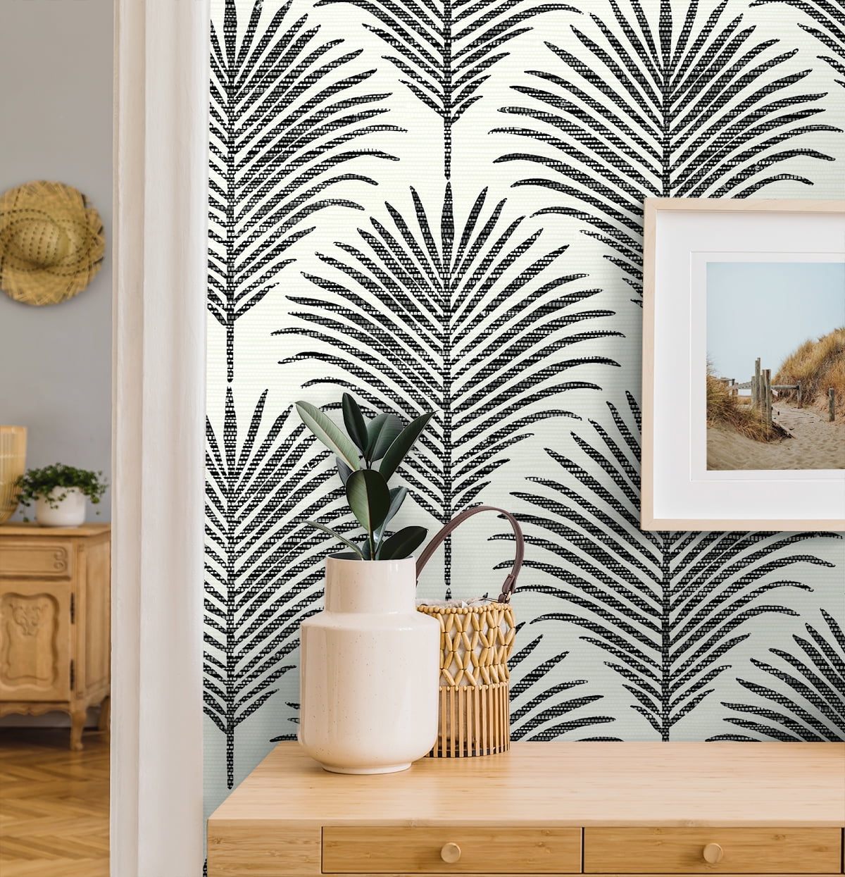 NextWall Inkwell & Off-White Grassland Palm Peel and Stick Wallpaper
