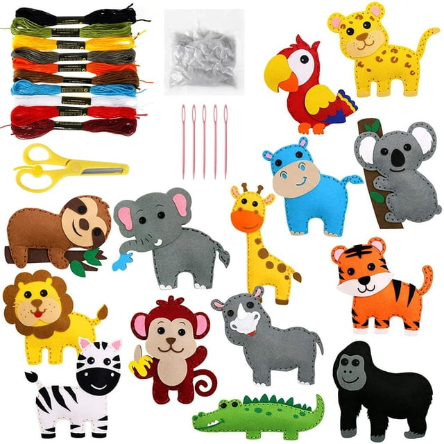 14PCS Sewing Felt Toy for Fine Motor Skills DIY Sewing Animals Craft Kit Early Educational Animals Sewing Kit Sensory Development Felt Animals Craft Kit for Kids Aged 3-12