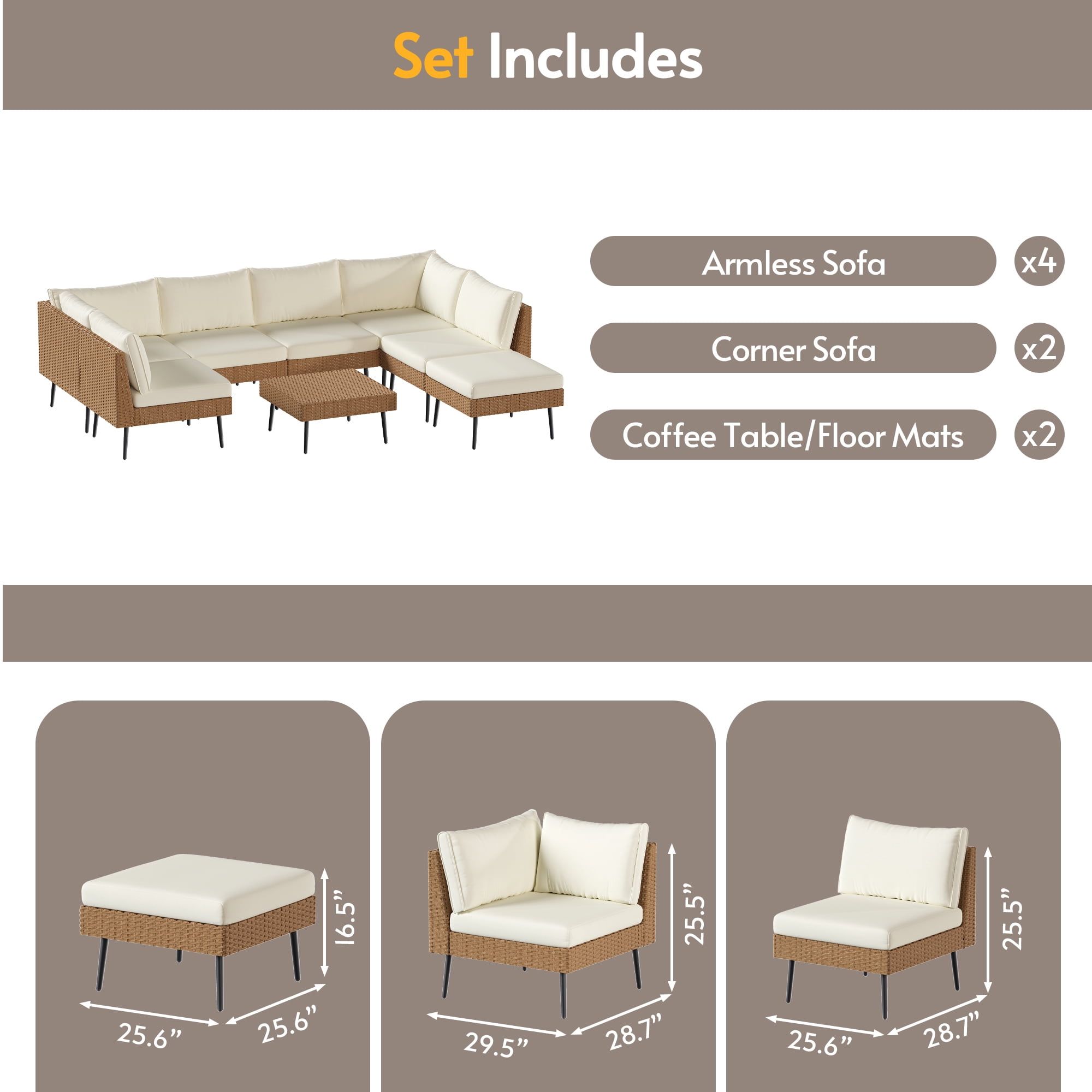 LAZZO 8-Piece Outdoor Wicker Conversation Set, All-Weather Sectional Sofa with 6 Chairs & 2 Ottomans, Beige Cushions