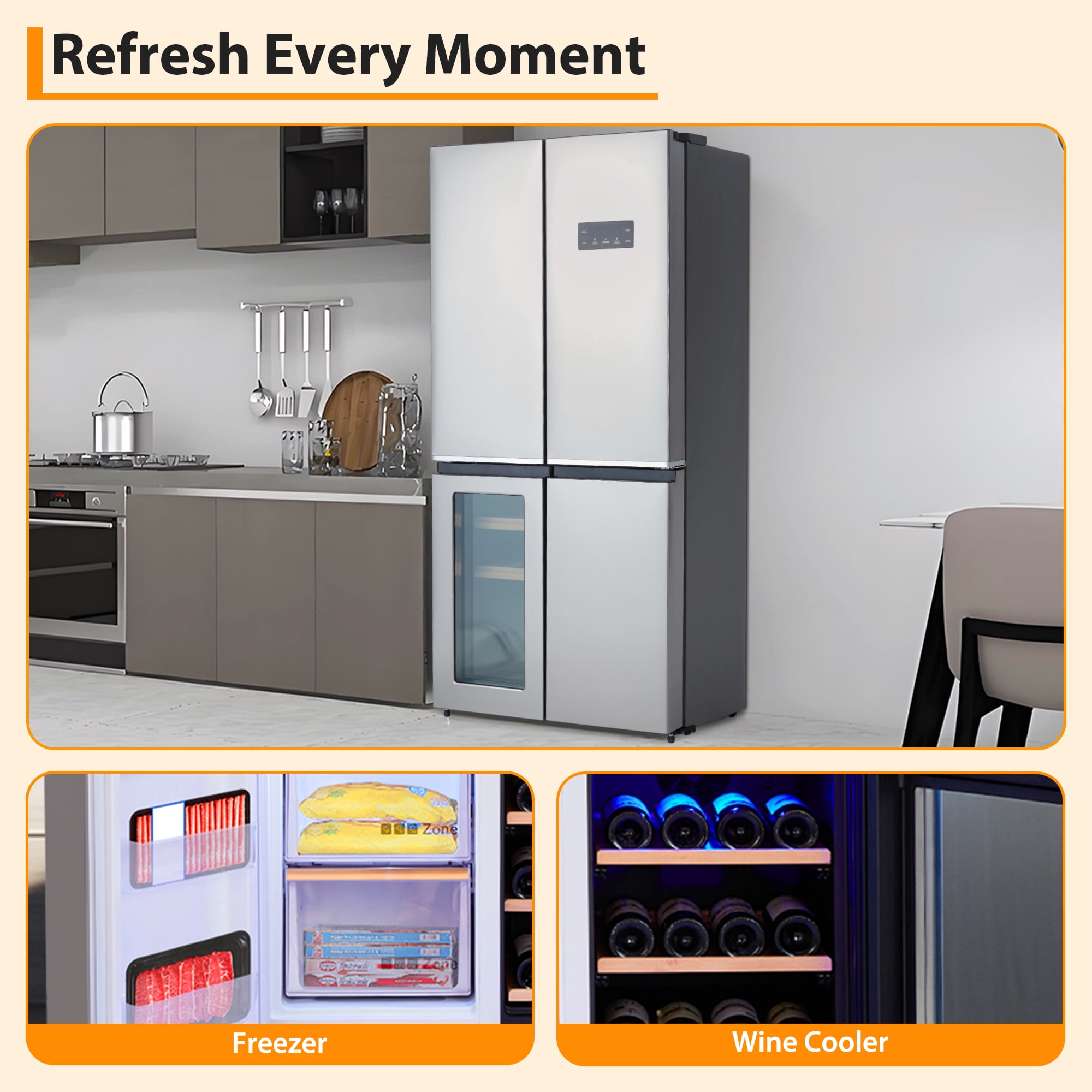 Festisoul 21 Cu.Ft Capacity Counter Depth French Door Fridge with Wine Cabinet, 4-Door Large French Refrigerator Frost-Free Cooling Stainless Steel Refrigerators for Home