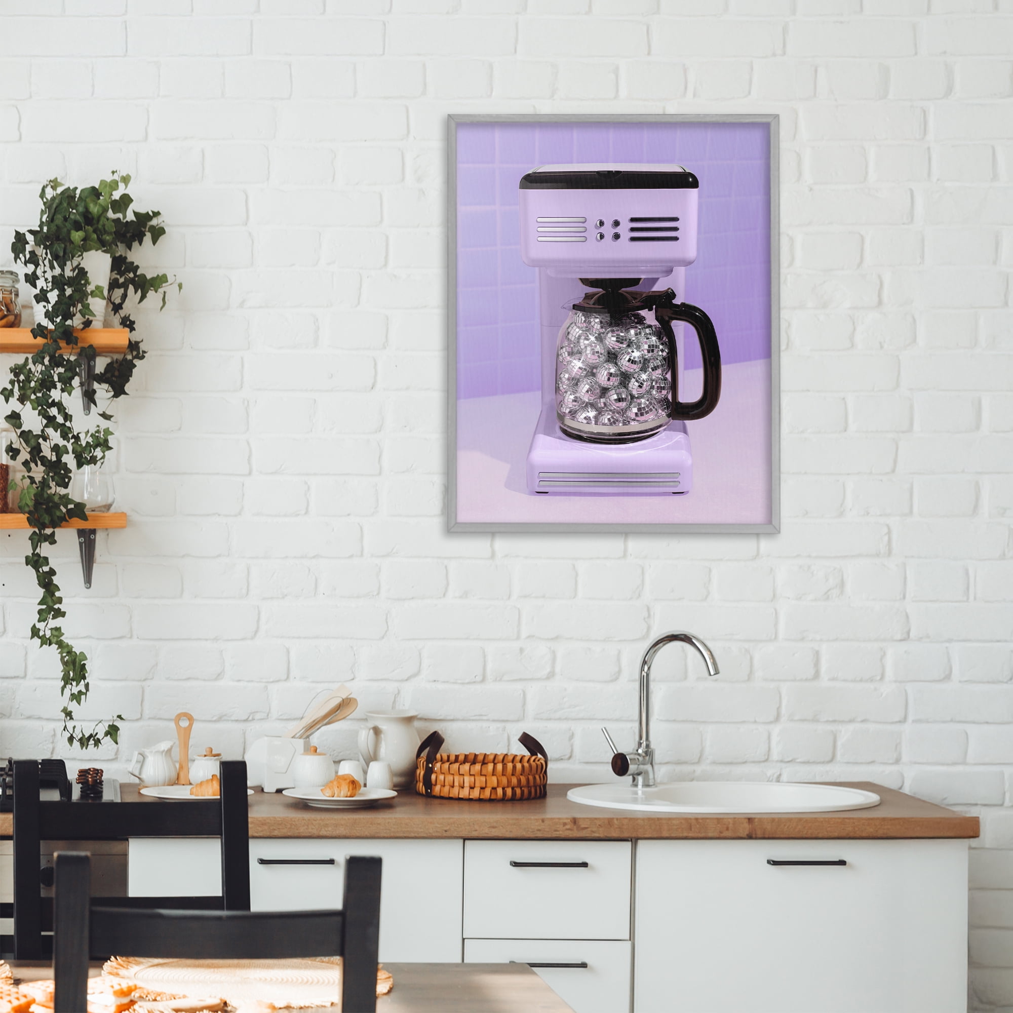 Stupell Industries Disco Coffee Maker over Purple Gray Framed Giclee Art, design by LISH Creative