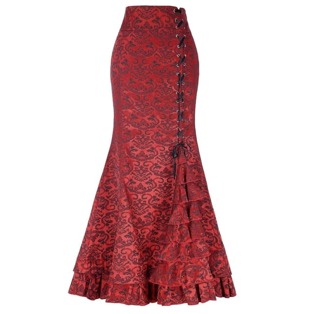 Falda larga vintage con cola de pez para mujer - Diseño retro ajustado con volantes, material de poliéster, talla única S