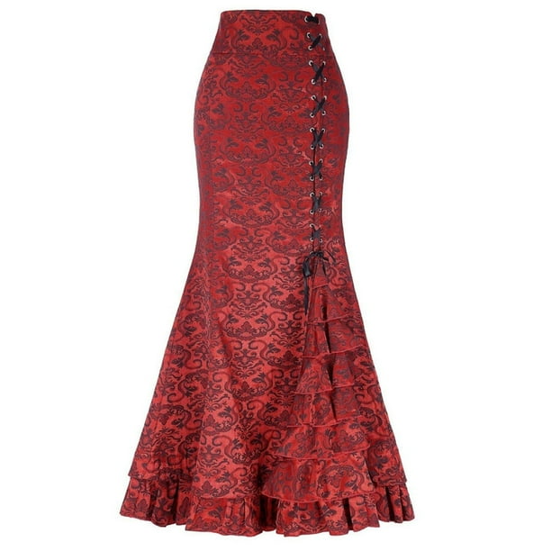 Falda larga vintage con cola de pez para mujer - Diseño retro ajustado con volantes, material de poliéster, talla única S