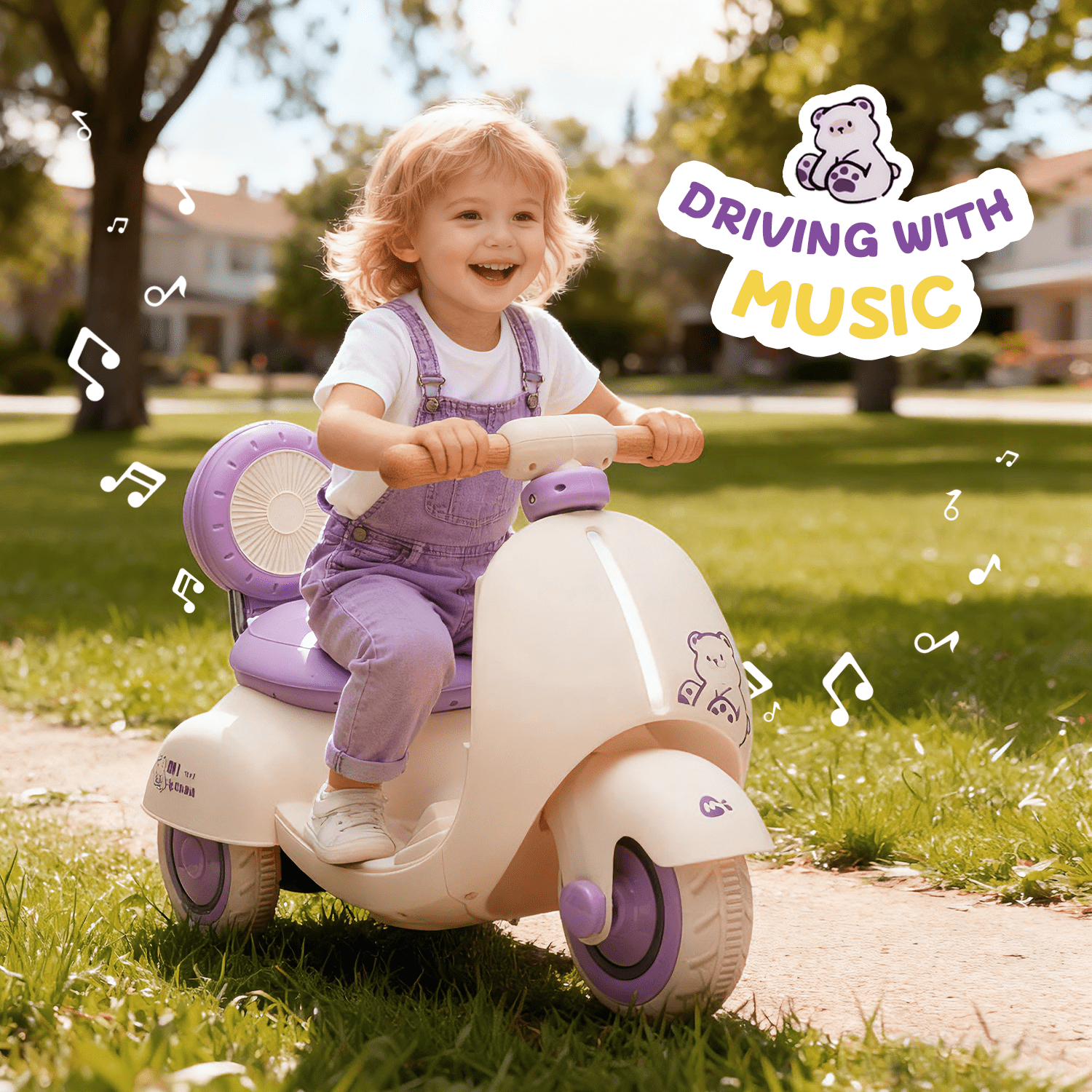 Track Seven 12V Ride on Motorcycle, 3-Wheel Toddler Electrc Scooter with Remote Control, Bluetooth, Wide Seat, Wooden Handle, Slow Start, Electric Motorycle for Boys Girls Aged 1-3 Years, Purple