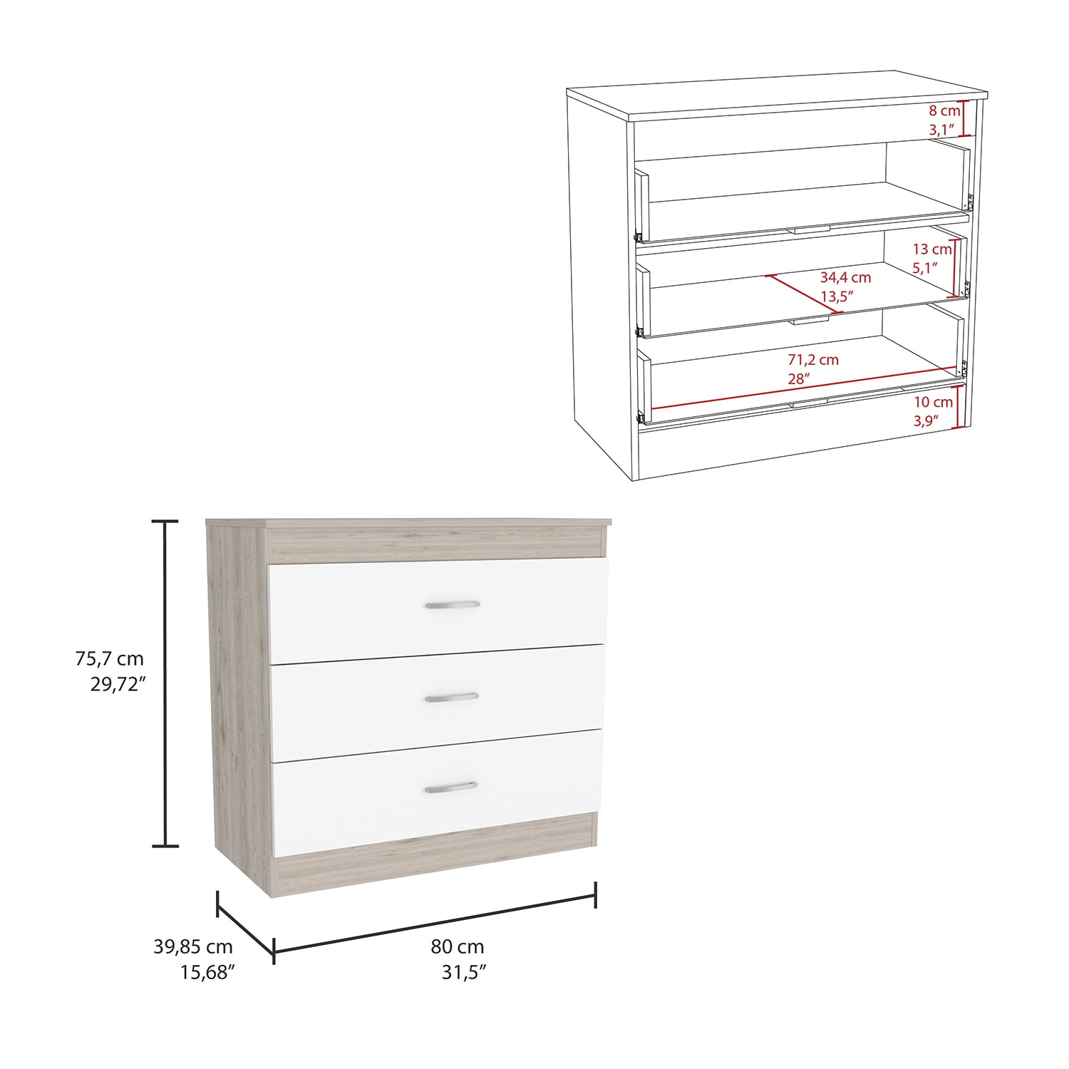 Kadyn Three Drawer Dresser, Chest of Drawers with Metal Hardware, Storage Cabinet for Bedroom, White Nightstand