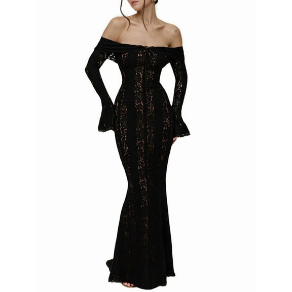 Women Elegant Off Shoulder Lace Bodycon Maxi Dress Bell Sleeve Mesh Sheer Mermaid Wedding Party Dress Black S