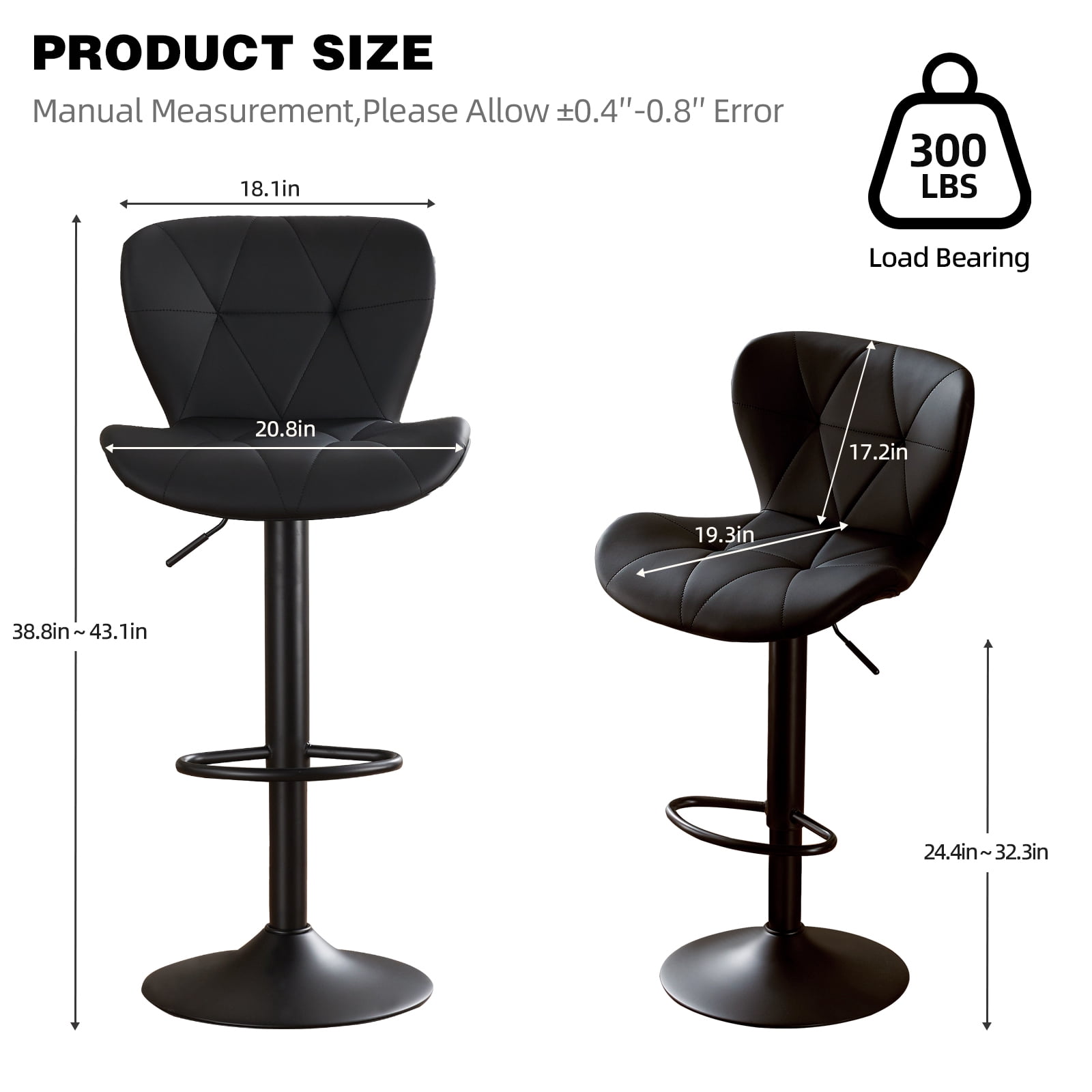 Restworld Armless Adjustable Faux PU Leather and Modern Bar Stools - Set of 2, Black