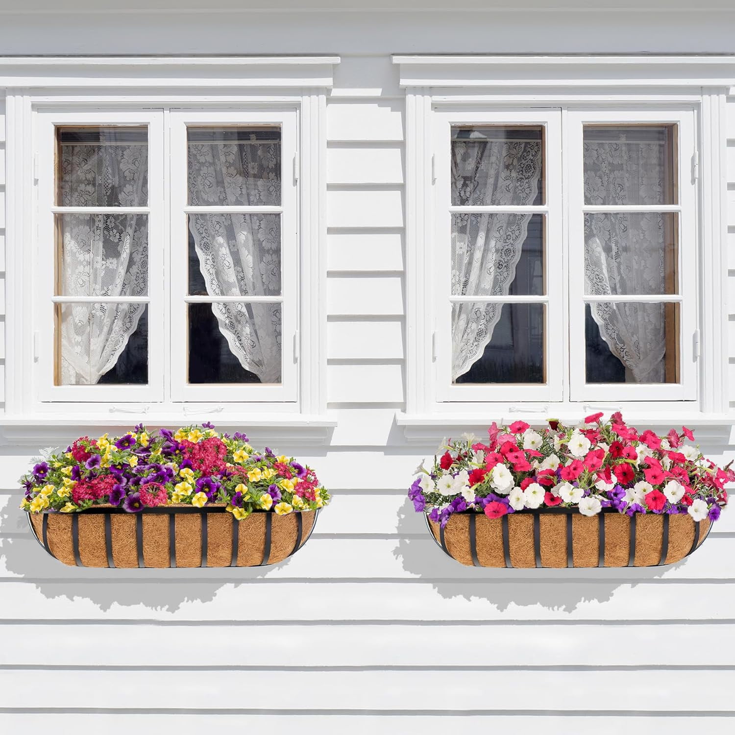 Gamexcel 2Pack 24" Window Box Deck Railing Planter with Horse Trough Coco Liners, Hanging Baskets for Balcony, Porch, Fence, Patio