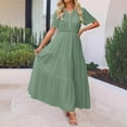 thumbnail image 2 of SMihono Women's Summer V Neck Maxi Dress Short Sleeve Pleated Solid High Waist A Line Tiered Flowy Swing Boho Vacation Dresses Green XXL, 2 of 7