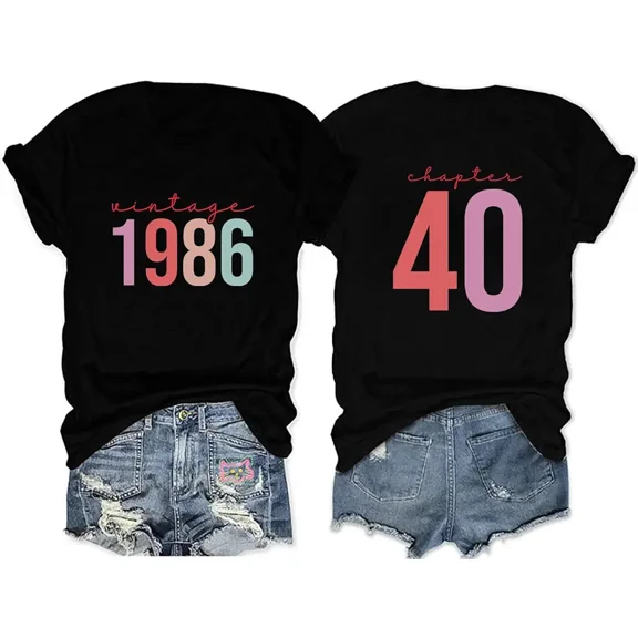 RXGOY Vintage 1986 T-Shirt for Women Chapter 40 Birthday Party Double-Sided Print T-Shirt