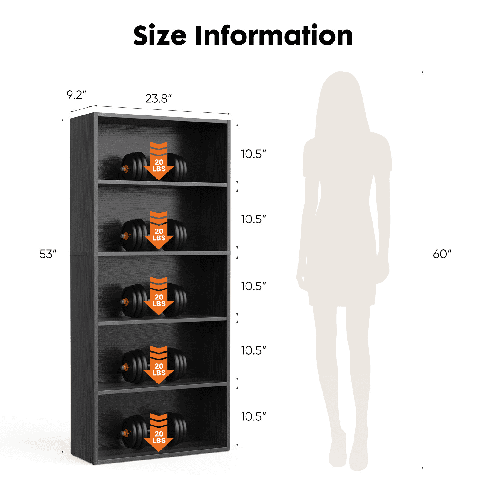 MAYEERTY 5 Shelf Bookcase, 53in Tall Floor Standing Open Bookshelf for Home Office, Living Room, and Bedroom Storage, Black