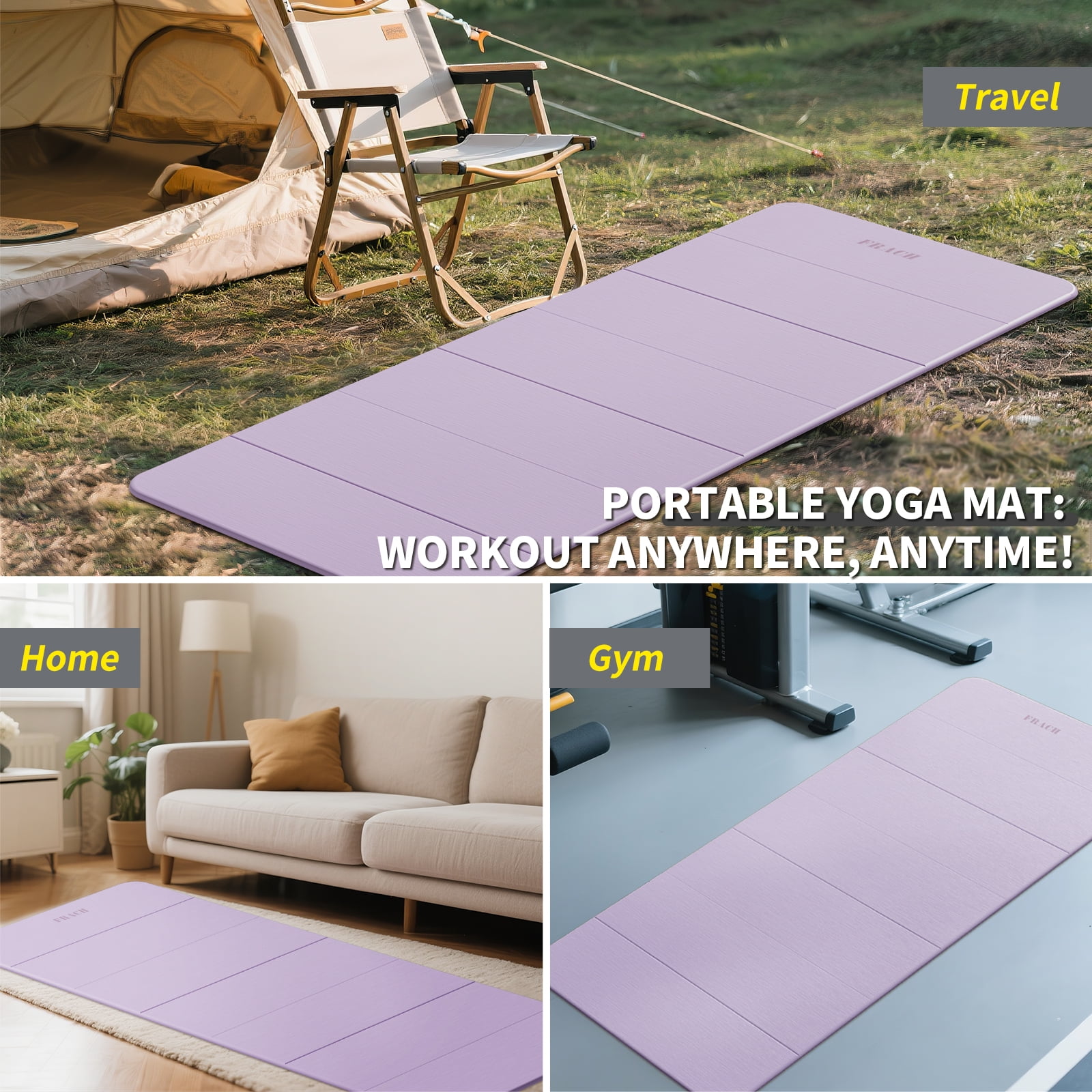 Frach Wide Foldable Yoga Mat Extra Large 75"x32" Fast-Folding & Versatile Use Non-Slip TPE for Workout & Home Gym (Light Purple+Black)