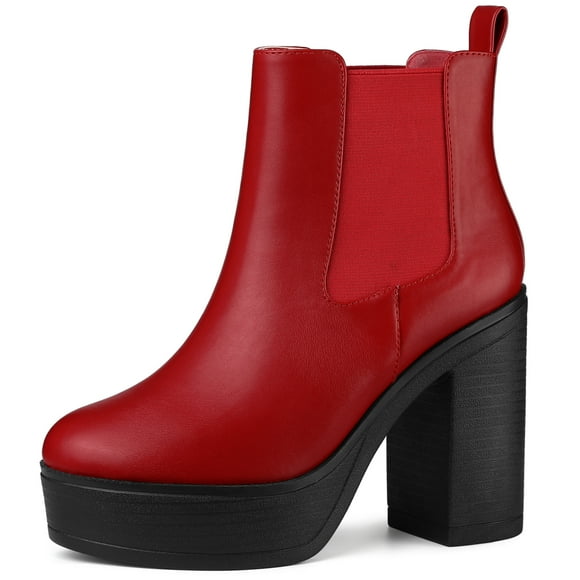 Unique Bargains Women's Platform Chunky High Heels Chelsea Ankle Boots Red (Size 9)