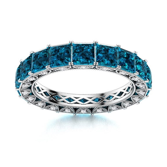 Mooneye 2mm Square London Blue Topaz 925 Sterling Silver Eternity Women Wedding Ring