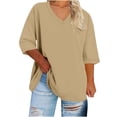 thumbnail image 3 of Bovxnpu 3/4 Length Sleeve Womens Tops, Plus Size Cotton Casual Blouses for Women, Women's Oversized V-neck Short Sleeved Solid Summer Base Shirt Sports T-shirt XXXXXL, 3 of 6