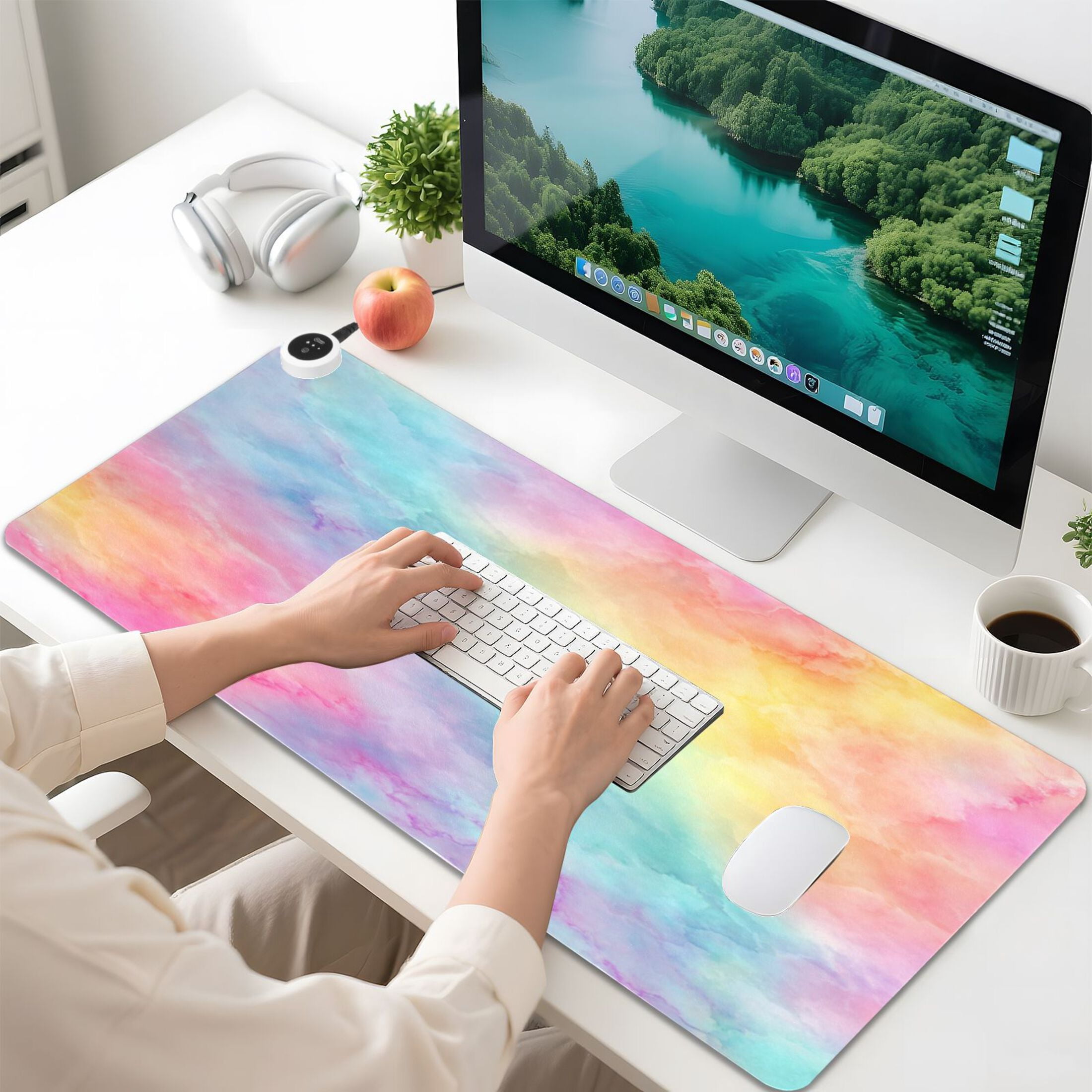 Large Heated Desk Mat Mouse Pad 31.5"x13"PU Leather Graphene Heating Desk Warmer with 3 Temperature Settings 110V US Plug Non-Slip Warm Pad for Home, Office, and Gaming Pastel Rainbow Tie-dye Pattern
