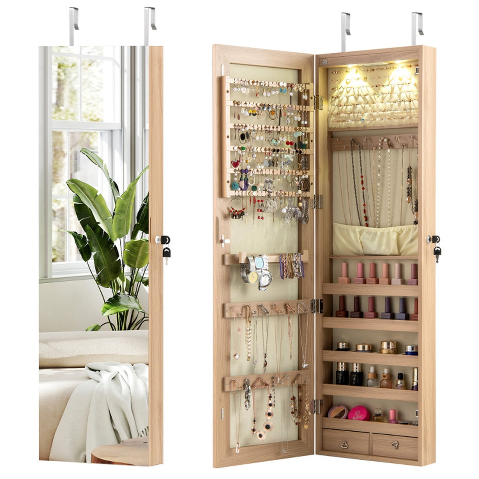 Furnibear Wall and Door Mounted Mirrored Jewelry Cabinet with Lights for Bedroom Dressing Room Jewelry Necklace Rings Storage Mirror, Natural