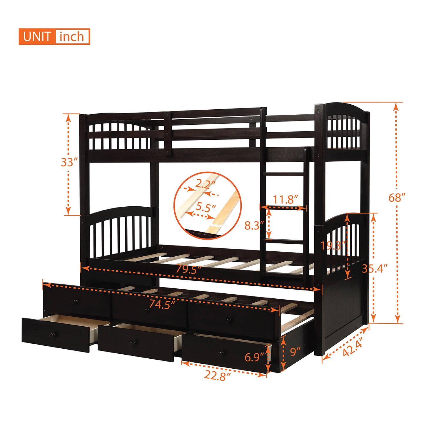Private Jungle Twin Bunk Beds with Trundle and Ladder, Twin Loft Beds with 3 Drawers for Kids, Espresso