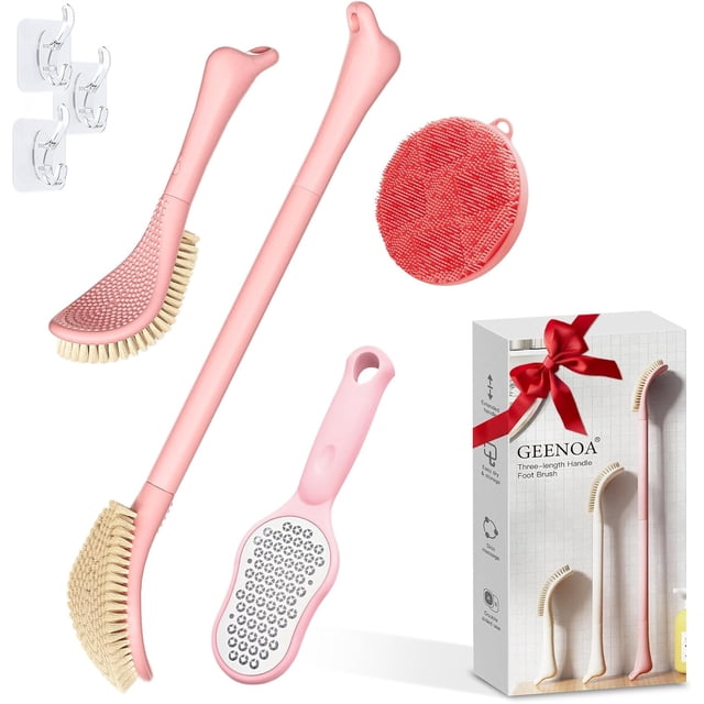 Foot Brush/Foot File/Silicone Body Scrubber Set(3PCS), 3-IN-1 Foot Scrubber with Long Handle, 10.2‘‘-27.5‘‘Adjustable Foot Scrub Brush with Foot File and Silicone Loofah, Gift-Box(Pink Set)