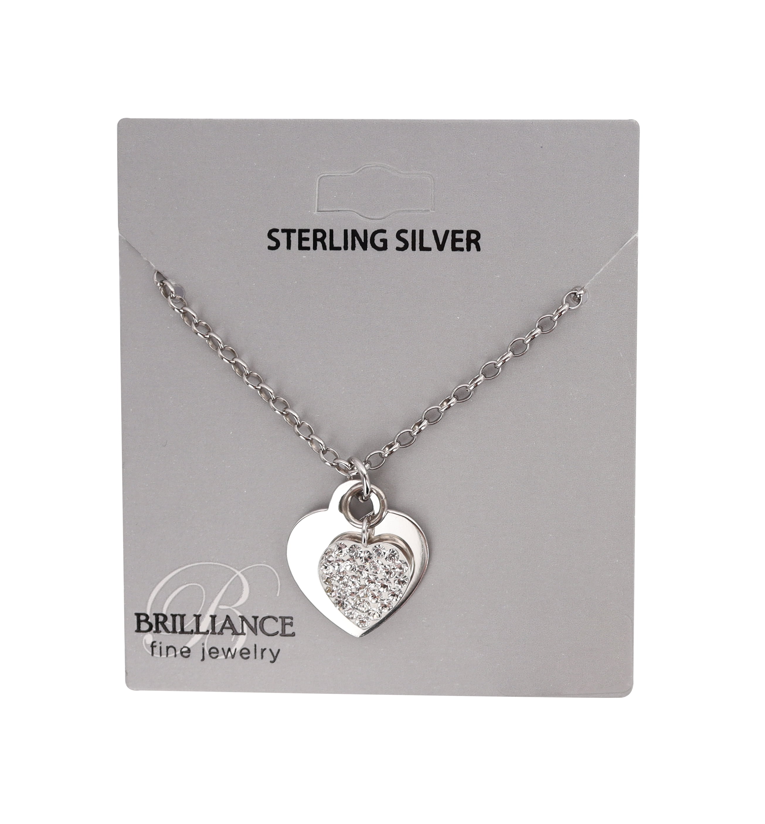 Brilliance Fine Jewelry Sterling Silver Polished and Crystal Heart Charms Necklace, 16"+2"