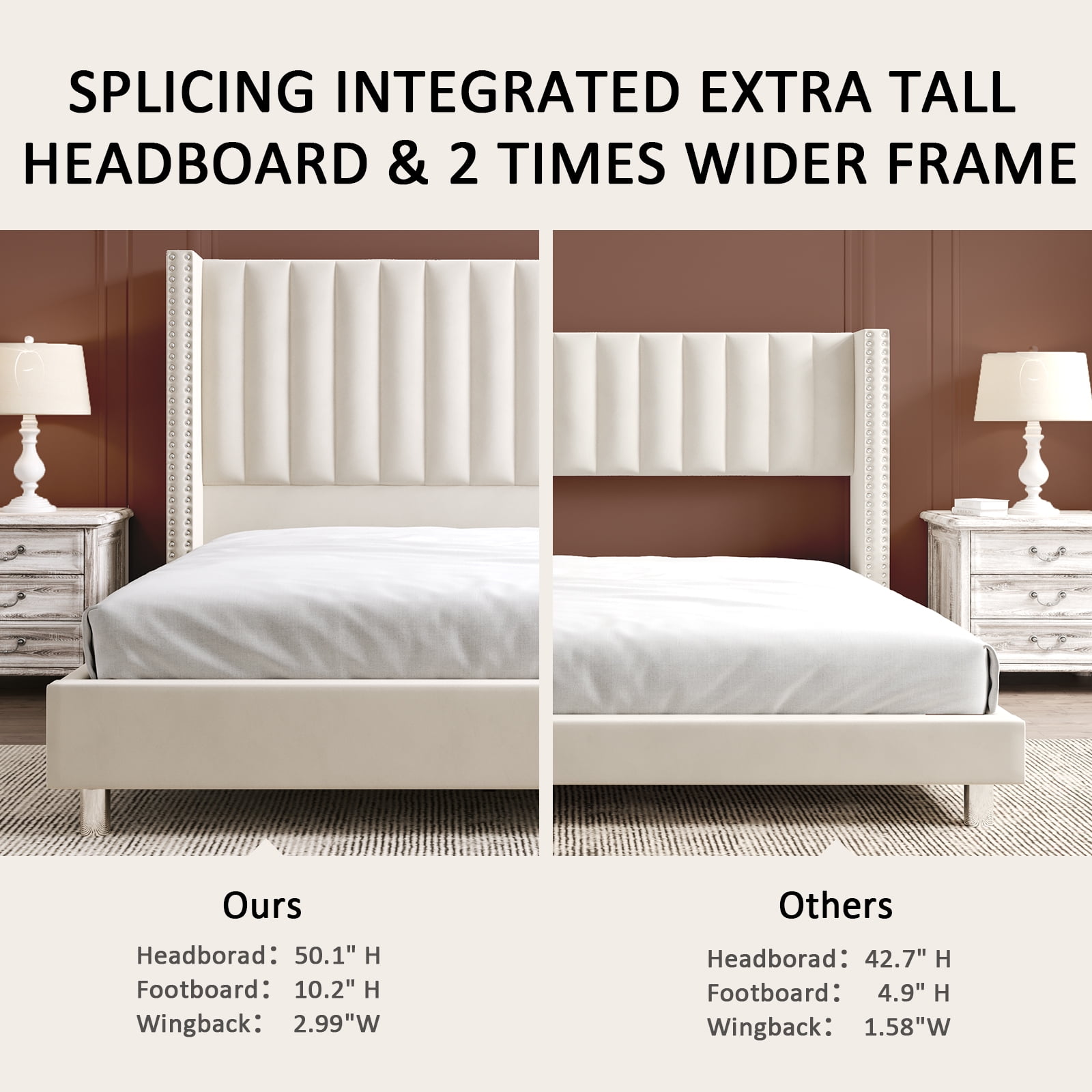 Merluxy Bed Frame Queen Size Upholstered Bed Wingback Headborad Velvet Channel Tufted/No Box Spring Needed/Cream
