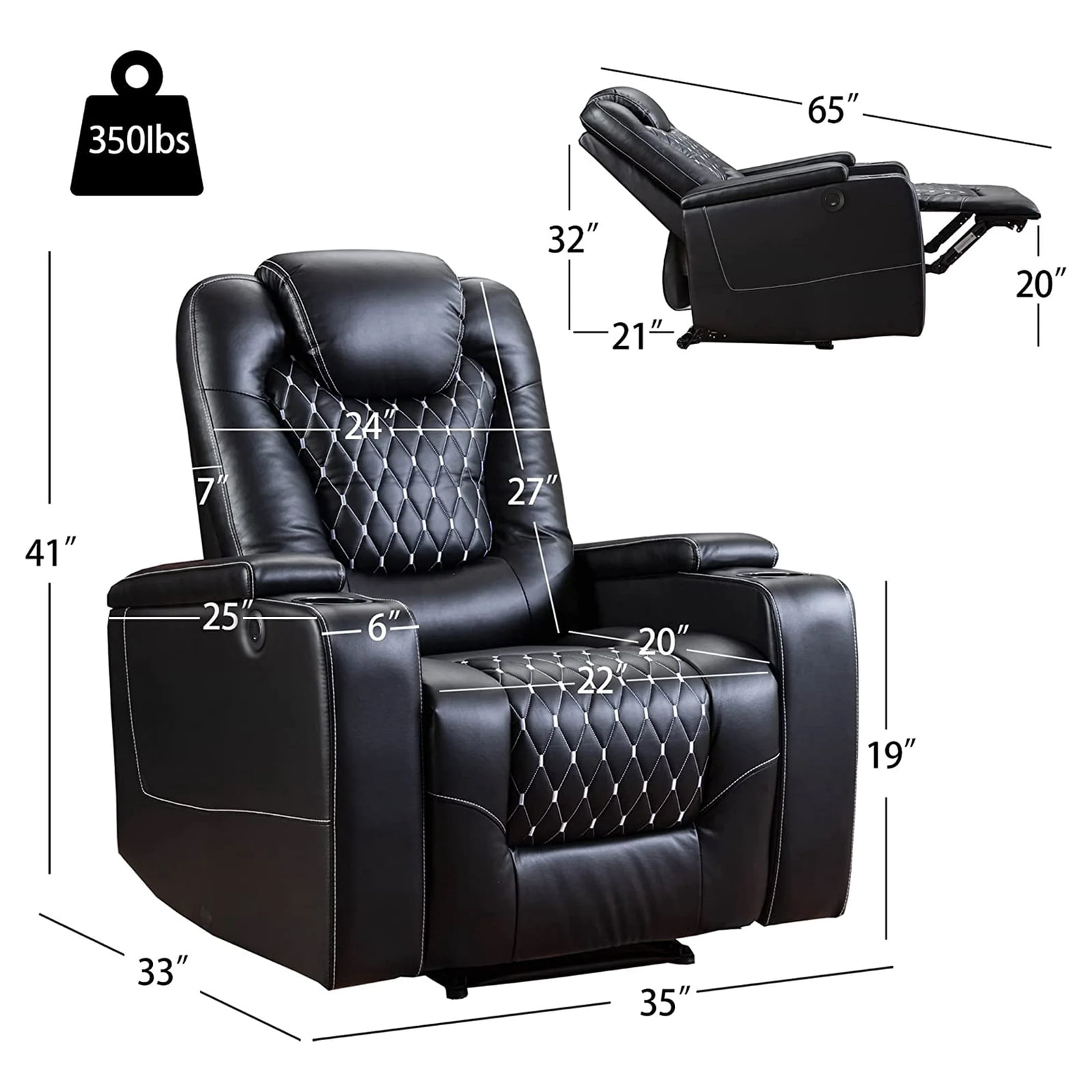 Bonzy Home Double Power Sofa Recliner, Home Theater Seating Living Room Chair, Electric Seats - Black