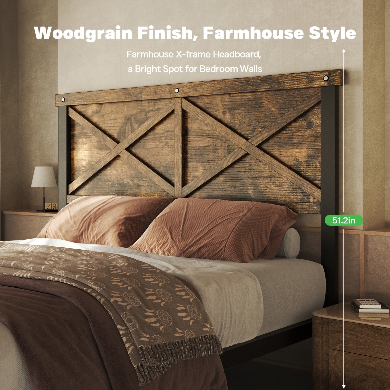 HOMRELEXA Farmhouse Bed Frame Full Size with 51" Tall Headboard and Footboard, Platform Bed Frame, No Box Spring Needed, Brown