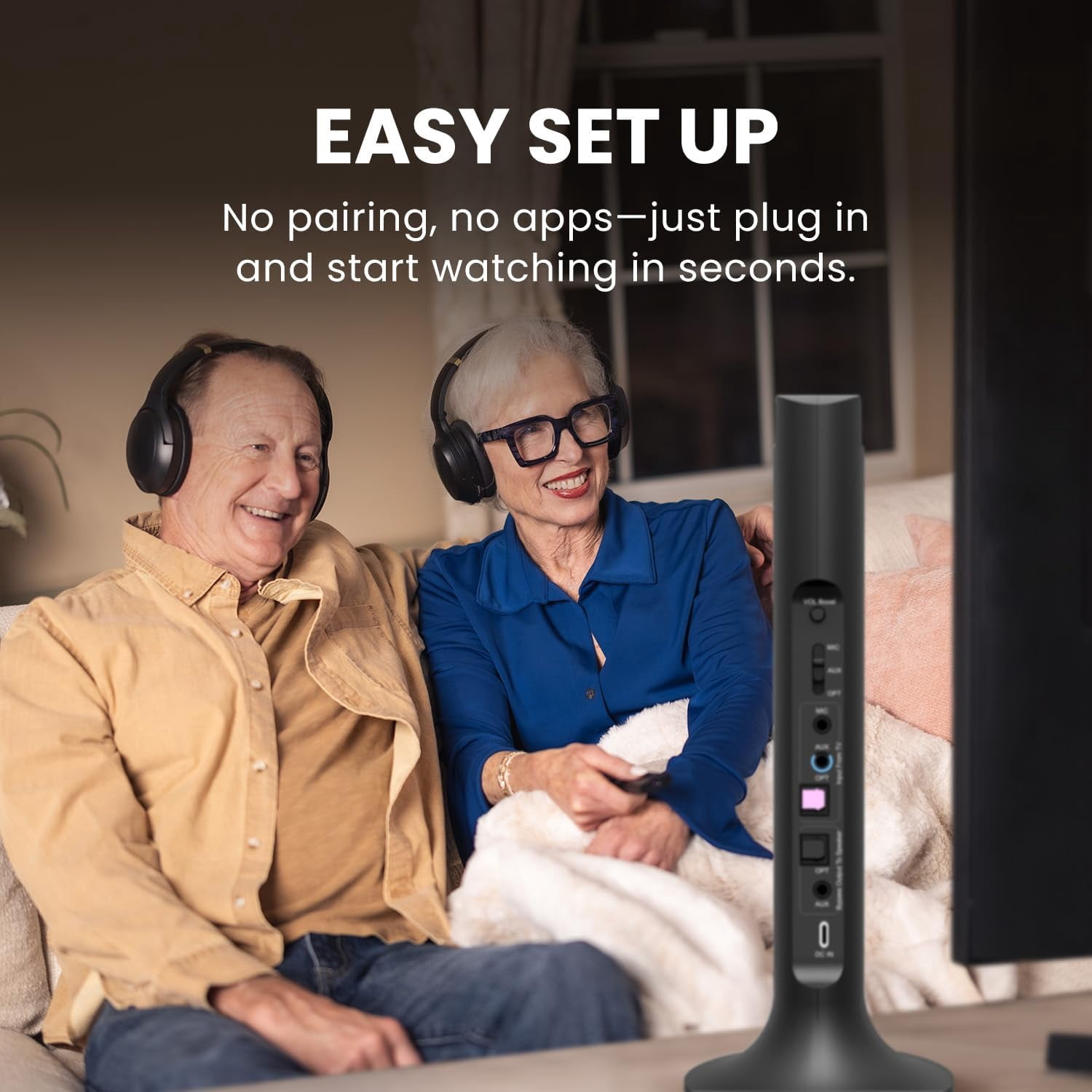 Avantree Duet - Dual Wireless Headphones for TV Watching with Transmitter/Charging Stand 2-in-1, Clear Dialogue Mode & Volume Boost for Seniors, Scalable to 100 Headphones - Black