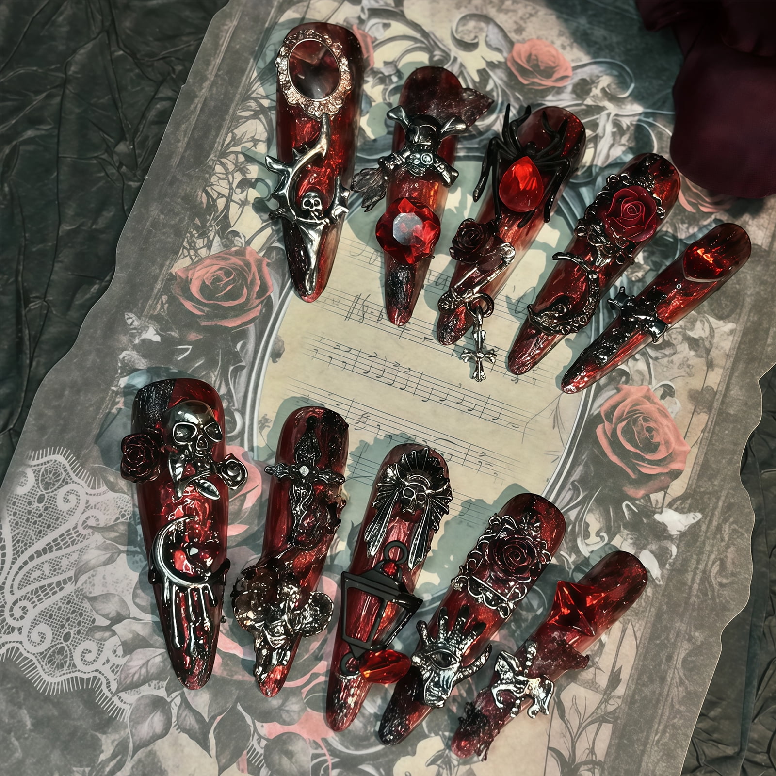 Handmade Press On Nails Long Dark Gothic Fake Nails Skull Retro Rose Luxury Baroque Punk for Women Party Holiday Photo Role Play Halloween 10Pcs