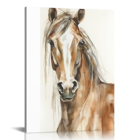 COMIO  Horse Portrait Orange Brown Animal Watercolor Painting Canvas Wall Art Design, Gallery Wrapped Canvas