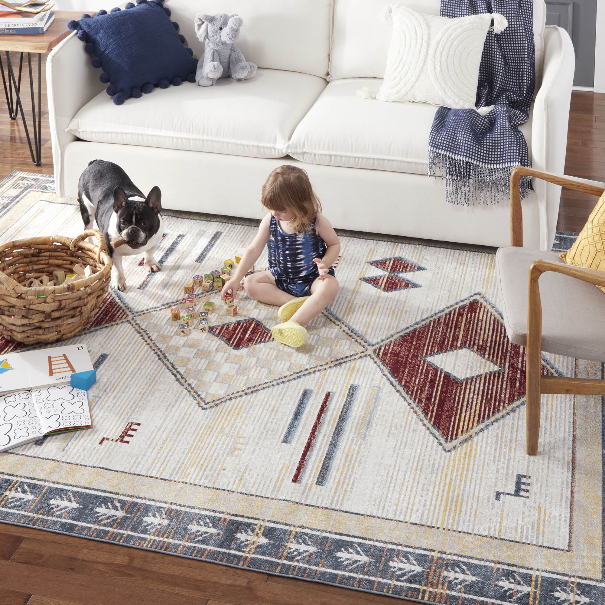 Everwash™ Treasure Southwestern Geometric Machine Washable Area Rug, Beige/Blue, 6'6"x9'2"