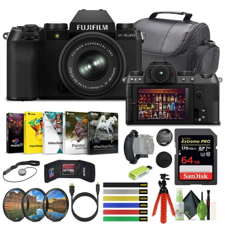 FUJIFILM X-S20 Mirrorless Camera With 15-45mm Lens + Sandisk 64GB Extreme Pro Memory Card, Camera Lens Cleaning Kit, Corel Editing Software, Travel Bag, Tripod, Ideal Vlogging Camera Kit (13pc Bundle)