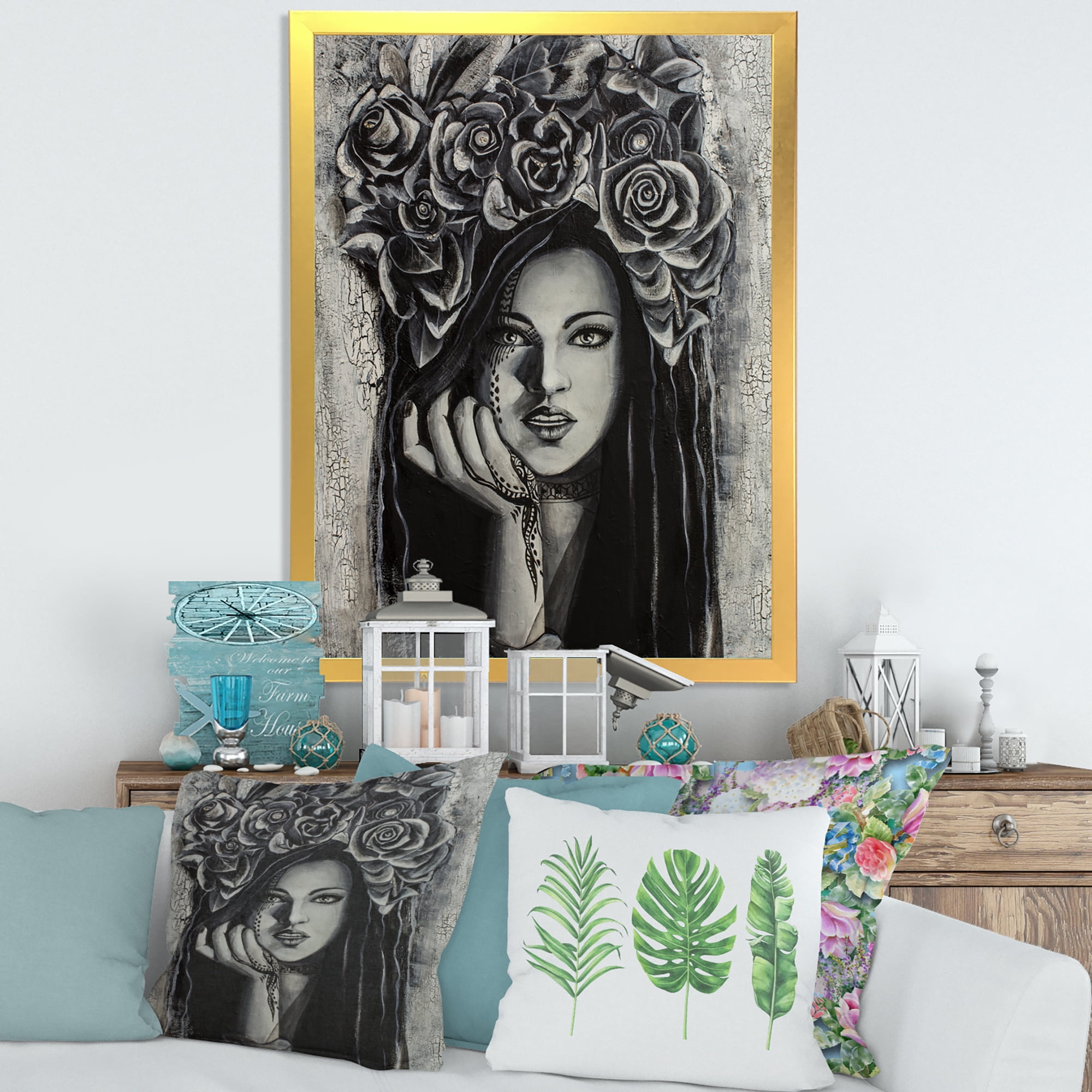 Designart 'Portrait Of A Young Woman With Flowers III' Modern Framed Art Print