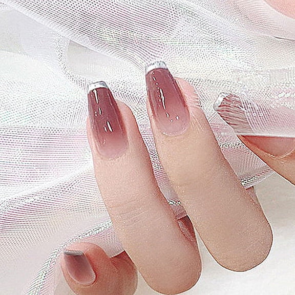 24pcs Press On False Nails Fake Nail Salon Full Cover Design for Women Girls Gift Coffin Gradient Rose Silver French Line