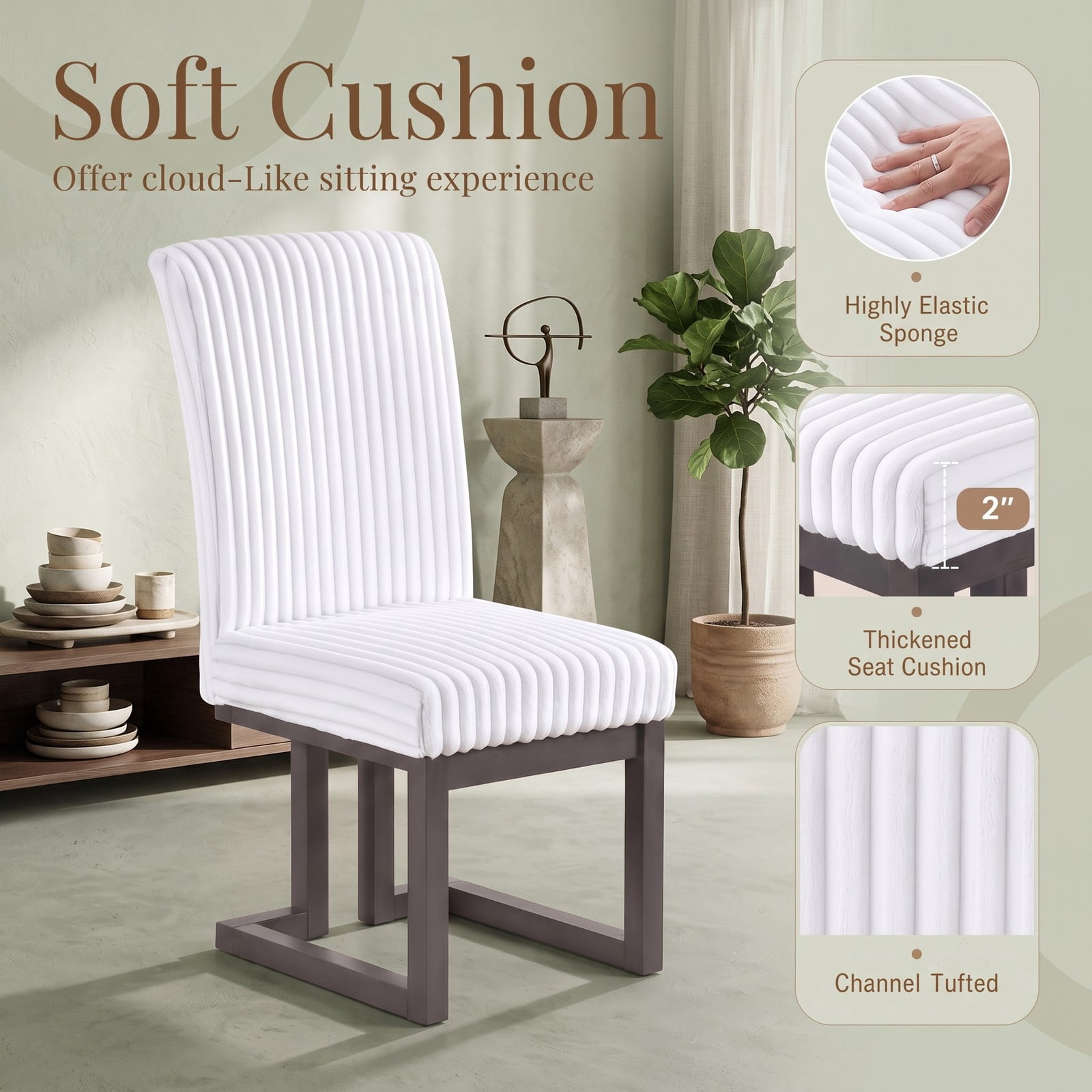 Furnibear Upholstered Dining Chairs Set of 2, Fabric Kitchen Side Chairs with Solid Rubber Wood Legs, Channel Tufted Padded Seat & Ergonomic Backrest, Kitchen - White