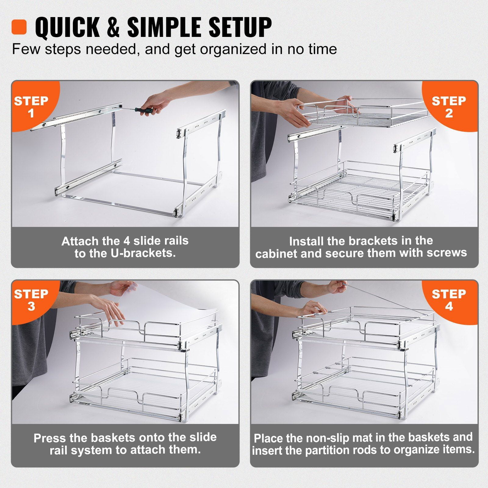 2-Tier Wire Pull Out Cabinet Under Sink Organizer, 1 pack Heavy Duty Slide out Drawer, Chrome-Plated Steel Roll Out Drawers for Home, Inside Kitchen Cabinet, Bathroom, Under Sink