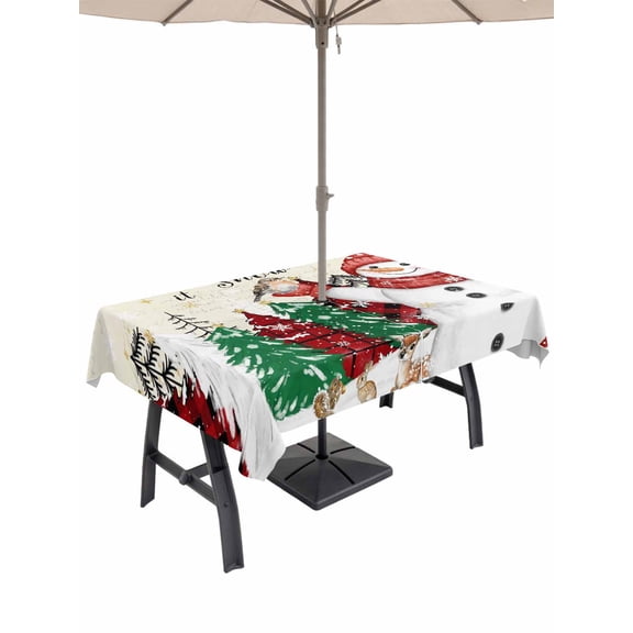 Outdoor Tablecloth with Umbrella Hole and Zipper, Red Snowman Christmas Rectangle Table Cloth 54x80 Inch Waterproof Tablecloth, Xmas Tree Snowflake Vintage Picnic Table Cover for Patio Camping