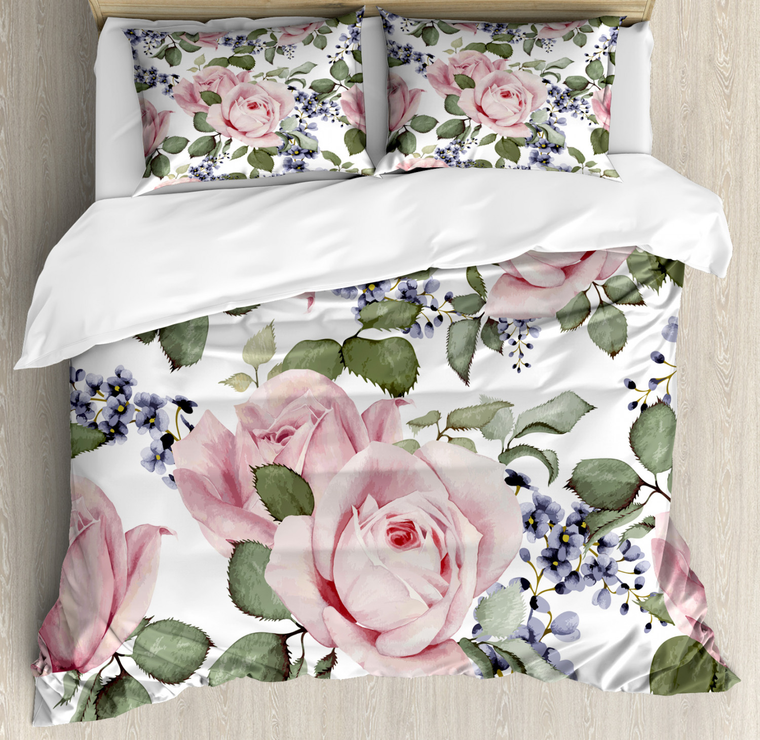 Rose Queen Size Duvet Cover Set, Flourishing Pink Roses with Tender Spring Summer Soulful
