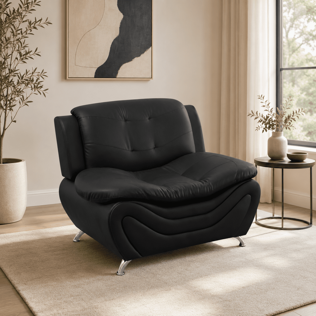 Gewnee Accent Chair Single Sofa, 42" Breathable Leather Sofa Chair with Solid Wood Frame & Metal Legs, Modern Furniture for Living Room Bedroom Office, Black