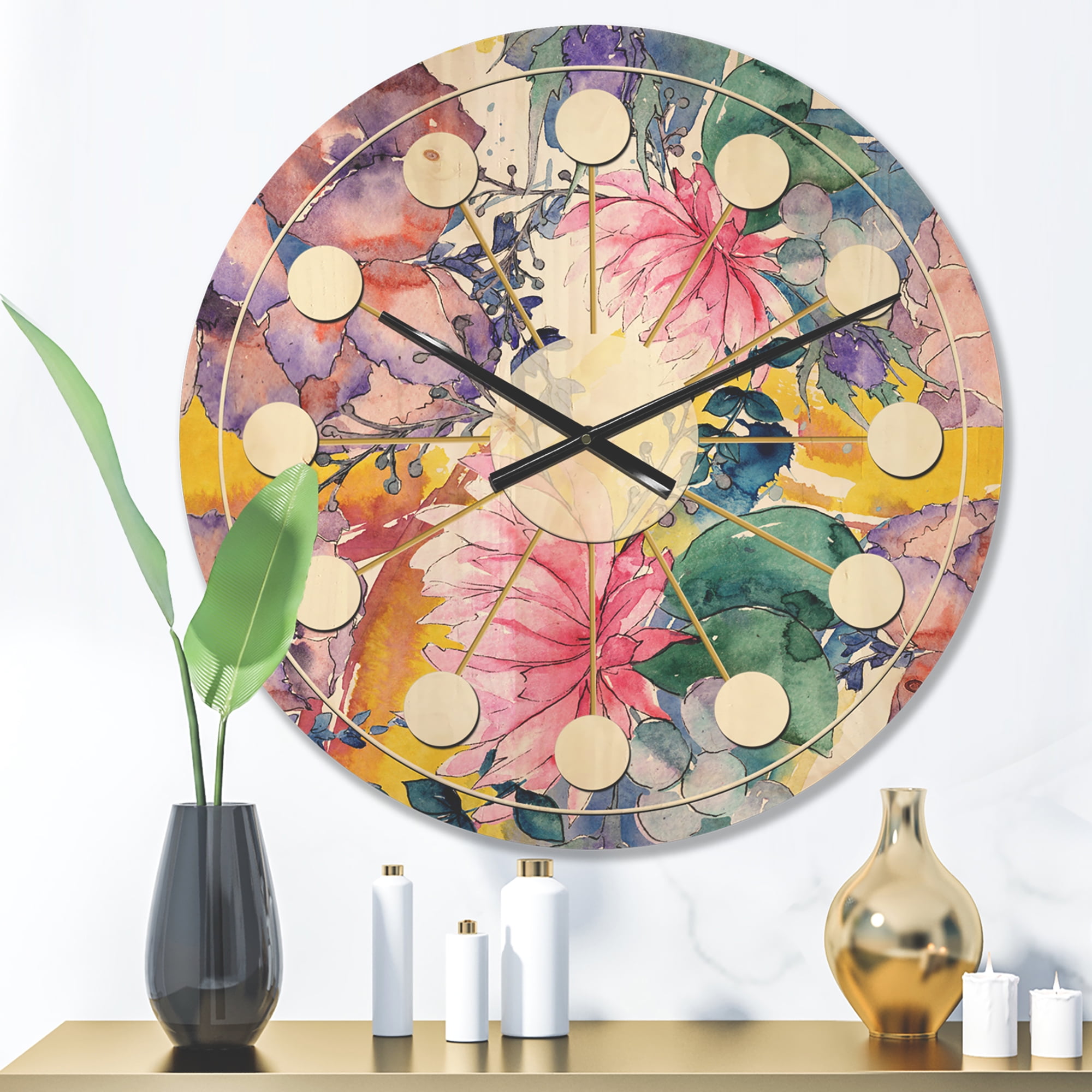 Designart 'Floral Botanical Retro XV' Mid-Century Modern Wood Wall Clock