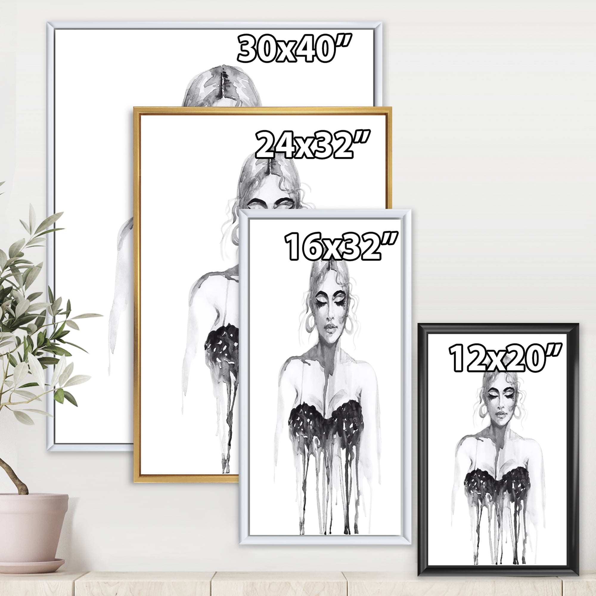 Designart 'Black and White Portrait of Woman Wearing Evening Dress' Modern Framed Canvas Wall Art Print