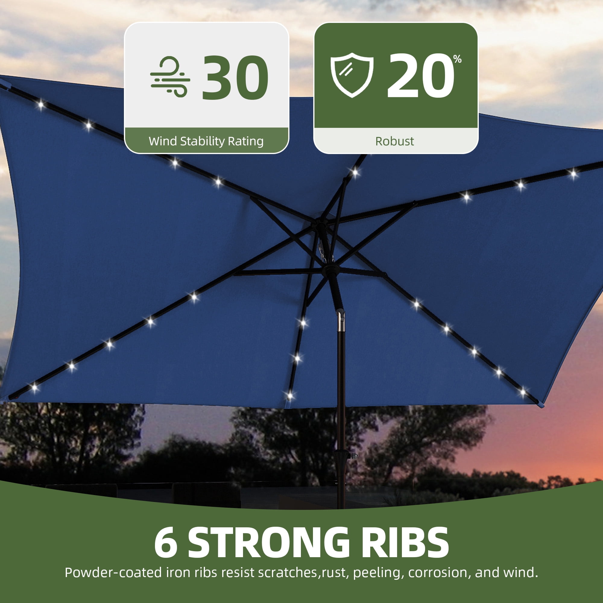 Uforic 6.5' x 10' Patio Umbrellas with 26 LED Lights, Outdoor Portable Shade Market Table Umbrella with Push Button Tilt & Adjust Crank, UV Resistant, Navy Blue