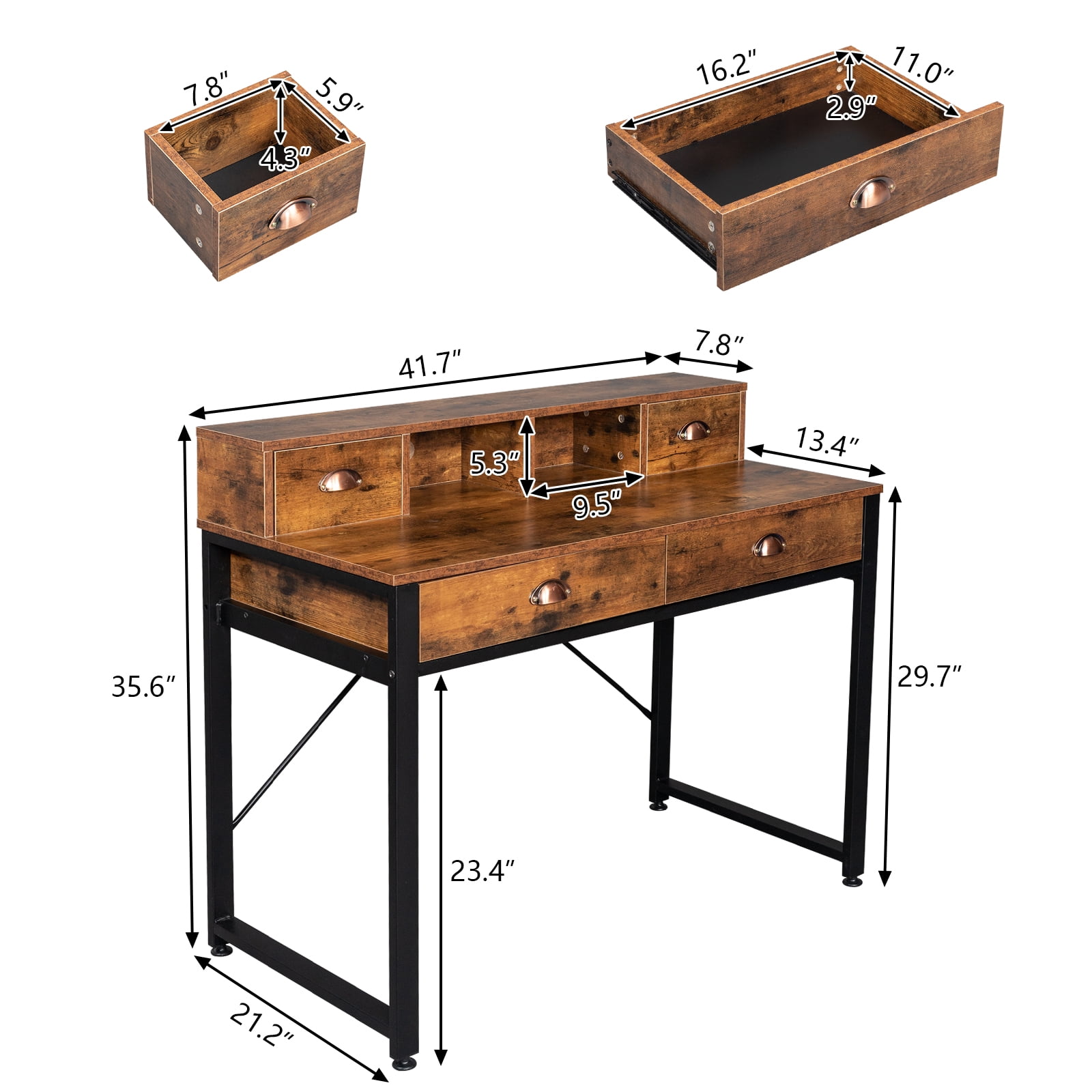 Wood Table Top Study Computer Desk, 2 Small Drawers 2 Large Drawers, Black Steel Frame Particle Board