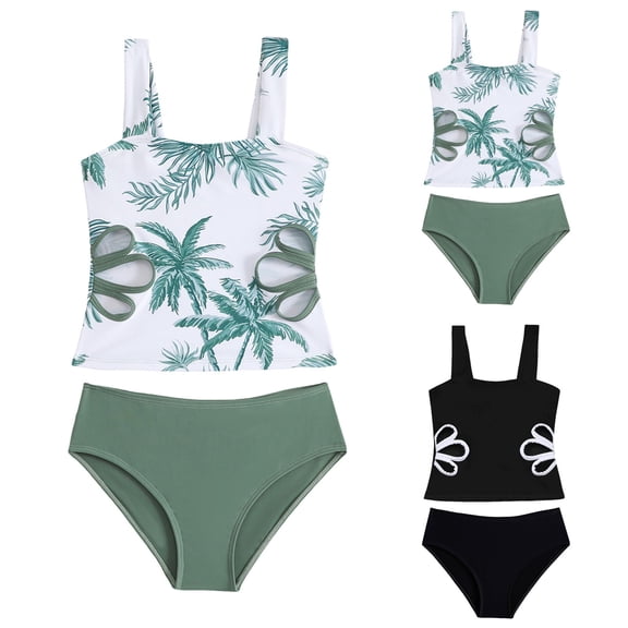 WUANDIXFA Girls Bathing Suit Cut Out Swimsuit Two Piece Cute Tankini Solid Kids Swimsuits Modest Summer Swimwear Beach Clothes (Black, 12-13 Years)