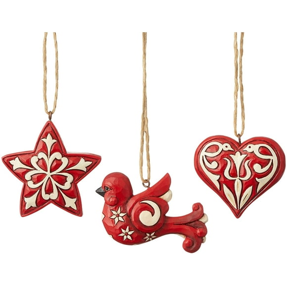 HHHC Jim Shore HHHC Nordic Noel Star Heart and Cardinal Hanging Ornament Set, 2.875 Inch, Multicolor